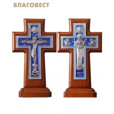 Крест на подставке двусторонний "Распятие Господа нашего Иисуса Христа - Матерь Божия Знамение". Серебрение, эмаль