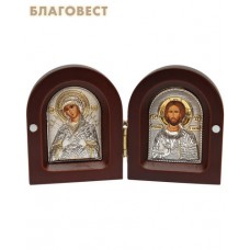 Складень Спаситель - Богородица "Семистрельная" двойной. Дерево, серебрение. Размер 65*80 мм