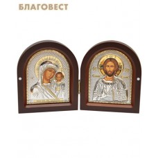 Складень Спаситель - Богородица "Казанская" двойной. Дерево, серебрение. Размер 105*125 мм