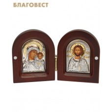 Складень Спаситель - Богородица "Казанская" двойной. Дерево, серебрение. Размер 65*80 мм