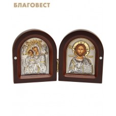 Складень Спаситель - Богородица "Достойно Есть" двойной. Дерево, серебрение. Размер 80*95 мм