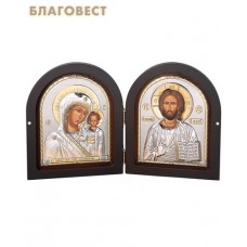 Складень Спаситель - Богородица "Казанская" двойной. Дерево, серебрение. Размер 154*188 мм