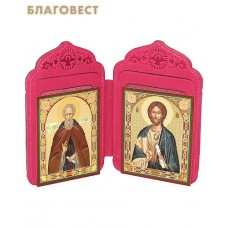 Футляр-складень двойной для 2-х икон (6х8 см), с тиснением  молитв и символов на коже. Цвет малиновый