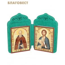 Футляр-складень двойной  для 2-х икон (6х8 см), с тиснением  молитв и символов на коже. Цвет зеленый