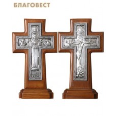 Крест гальванический на подставке двусторонний "Распятие Господа нашего Иисуса Христа - Матерь Божия Знамение", посеребрение